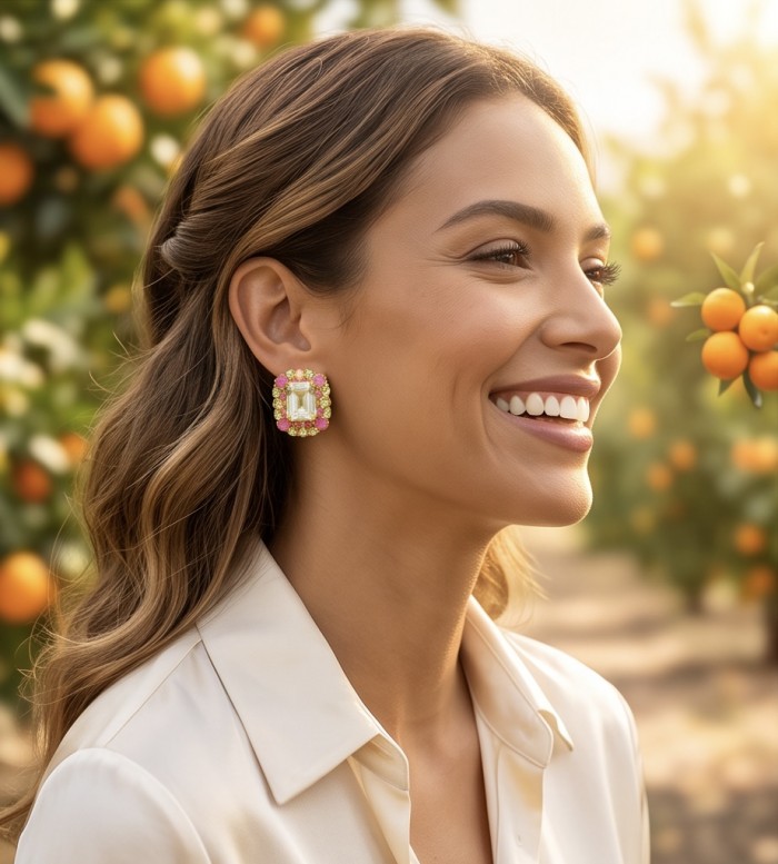 Esperanza - Luxurious 22.2 Lemon Quartz 18K Gold over .925 Sterling Silver handmade Earrings - Woman wearing Esperanza earrings, side view, orange grove background.