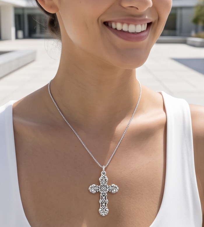 Holy Cross the best quality .925 Sterling Silver Bali made Pendant - Close-up of ornate cross necklace in .925 sterling silver worn on neck