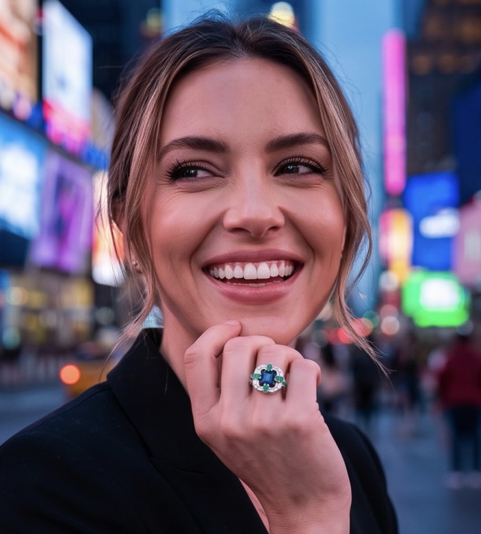 Art Deco 8.6 ctw Sapphire Emerald .925 Sterling Silver handcrafted Statement Ring size 8 - Woman wearing Art Deco sapphire emerald ring, city background.