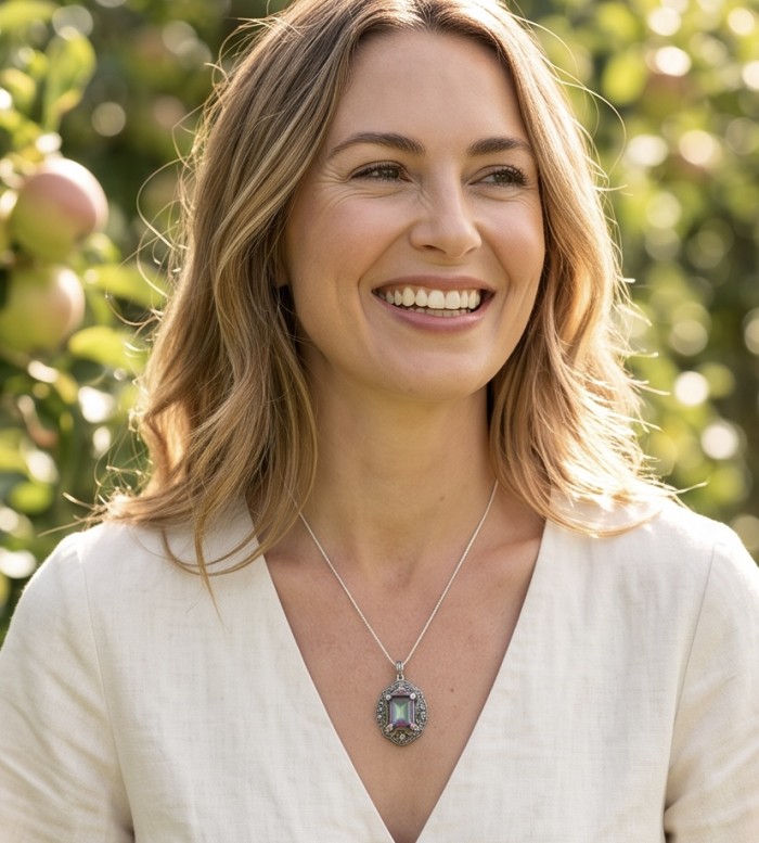 Iconic Design 22.5 baquette cut Mystic Topaz Marcasite .925 Sterling Silver dipped in black rhodium handcrafted Pendant - Necklace with Mystic Topaz pendant worn by woman outdoors.
