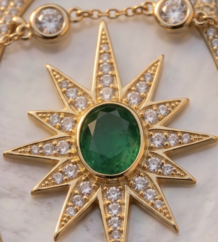 Precious Blister Pearl 2.4 carat Emerald 18K Gold over .925 Sterling Silver .925 Sterling Silver Necklace; 24 inches long - Close-up of starburst pendant with emerald and diamonds in 18K gold.