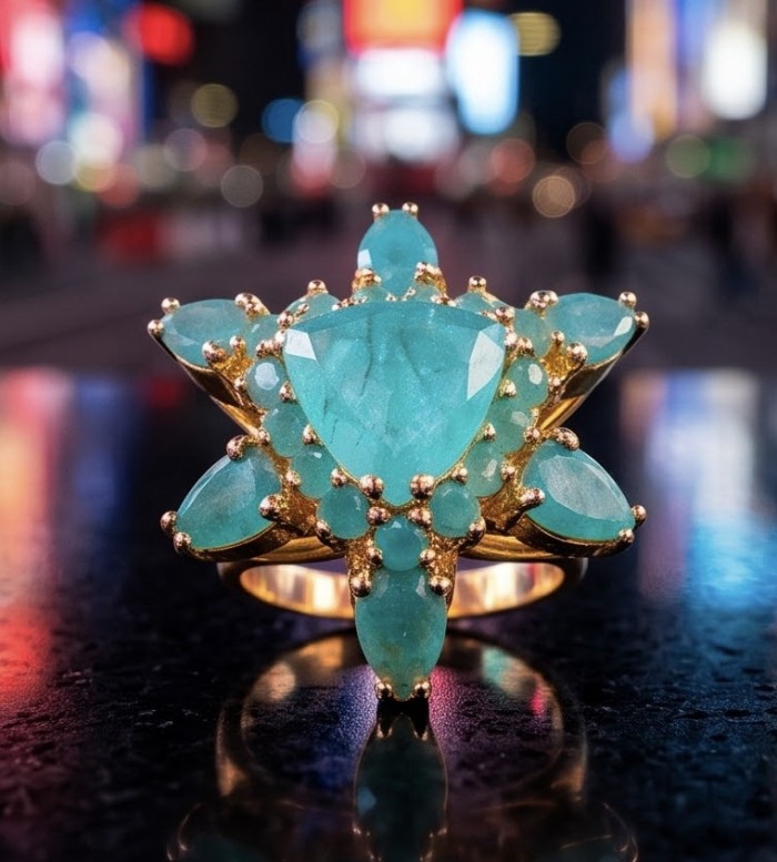 Elizabeth trillionl cut 12.8 carat top quality Colombian Emerald .925 Sterling Silver dipped in 22K Gold handcrafted Ring size 7 - Close-up of a gold ring with large Colombian emerald stones.