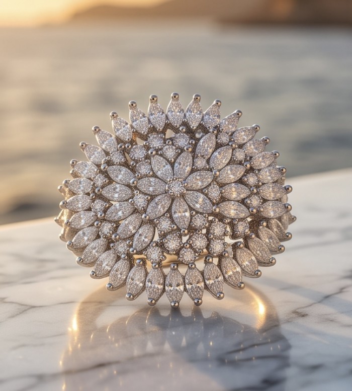 Real Beauty - 10.5 carat White Sapphire .925 Sterling Silver Handcrafted Statement Ring size 8 1/2 - Round white sapphire brooch on marble, sunset backdrop.