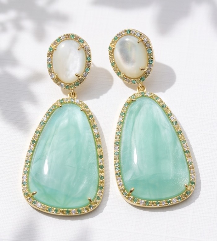Divine Beauty 38.5 carat Aquamarine 22K Gold over .925 Sterling Silver Handcrafted Earrings - Aquamarine earrings front view, 22K gold, green and white stones.