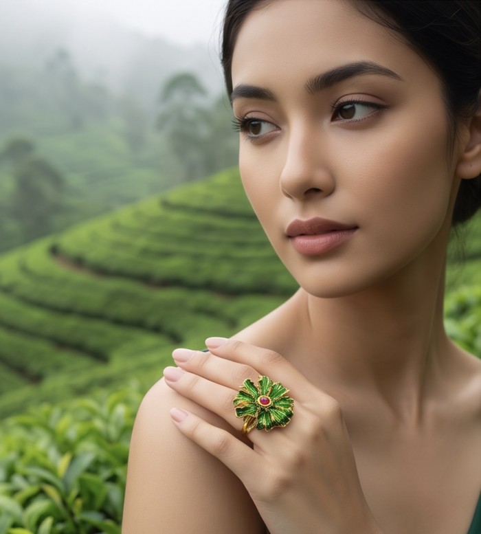 Blooming Garden Genuine 3.5 carat Kashmir Ruby Green Enamel .925 Sterling Silver dipped in 22K Gold Large Statement Ring size 6 3/4 - Woman wearing Blooming Garden Ruby ring with green enamel, side view.