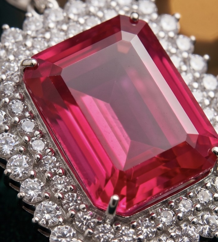 Rare finding! Deluxe 51.2 carat authentic emerald cut Kashmir Ruby rhodium over .925 Sterling Silver handmade Statement Pendant - Close-up of emerald-cut red gemstone surrounded by diamonds.