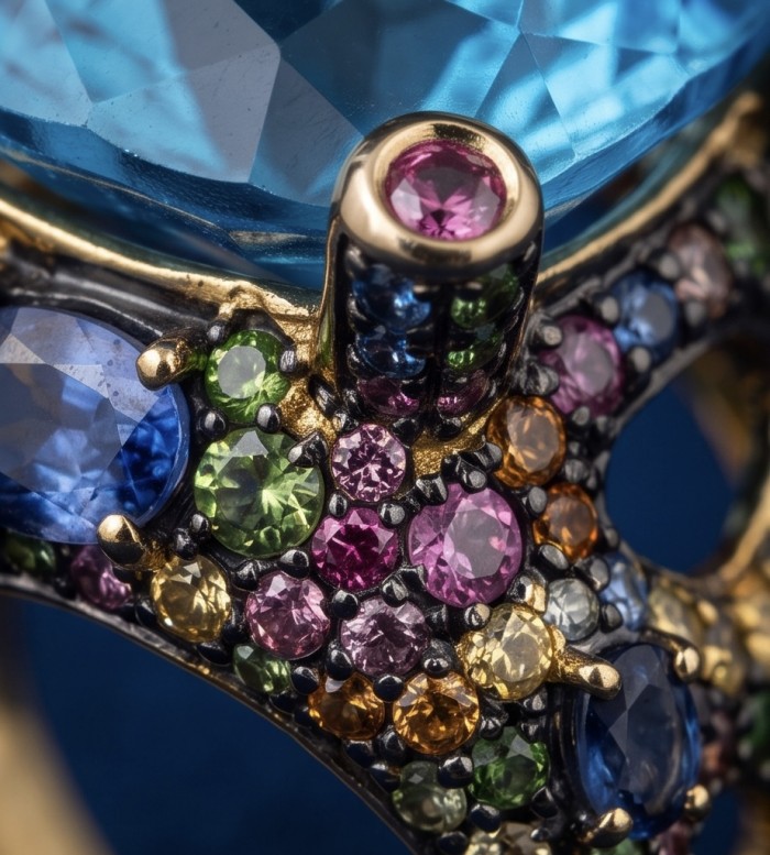 The Ocean Empress 28.8 carat Swiss Blue Topaz 5.2 carat Sapphire 22K Gold over .925 Sterling Silver dipped in rhodium handcrafted ring size 6 - Close-up of colorful stones on The Ocean Empress jewelry piece.