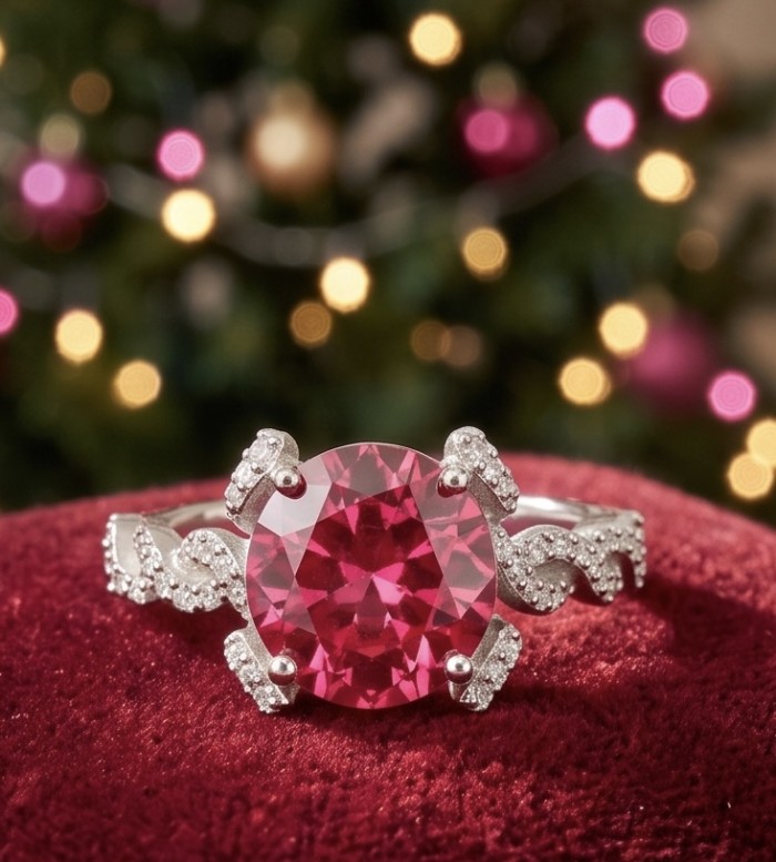 Exquisite 8.5 ctw Mozambique Ruby .925 Sterling Silver handcrafted Statement Ring size 8 1/4 - Close-up of ruby ring with decorative silver band on red velvet.