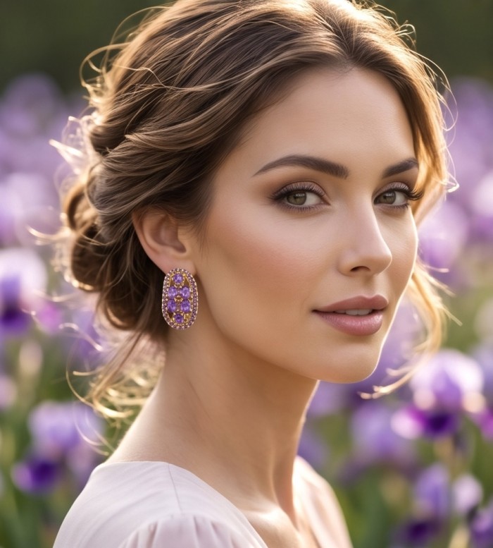 Isabel Authentic 10.4 carat Amethyst 18k Gold over .925 Sterling Silver handcrafted Statement Earrings - Woman wearing Isabel Amethyst earrings, side profile against flowers.