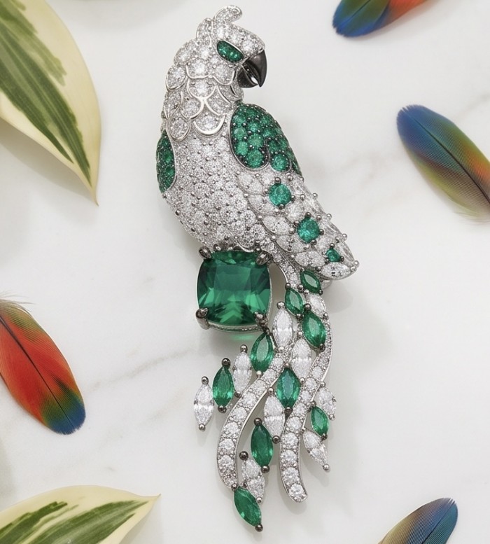 Exotic Parrot - 7.8 carat Emerald 2.9 carat pave Moissanite rhodium over .925 Sterling Silver rhodium over handcrafted Brooch - Parrot brooch front view: 7.8 ct emerald, 2.9 ct pave moissanite.