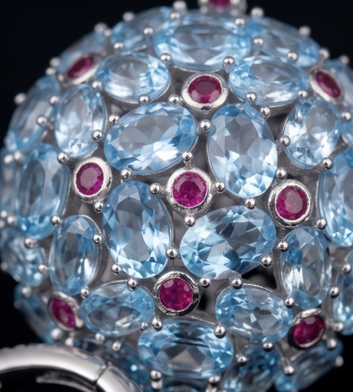Atlantica - 34.7 carat Swiss Blue Topaz 0.4 carat Garnet .925 Sterling Silver dipped in Rhodium Handcrafted Statement earrings - Close-up of "Atlantica" jewelry with blue topaz and garnet stones