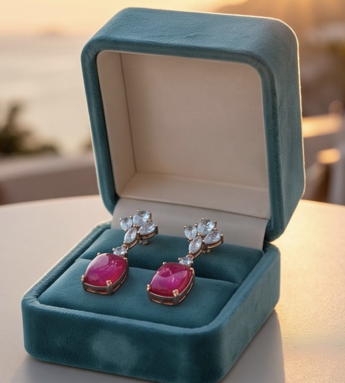 Maria Rosa - Magnificent Jewel 12.5 carat Mozambique Ruby .925 Sterling Silver dipped in 22K Rose Gold handcrafted earrings - Earrings in turquoise box at sunset, front view.