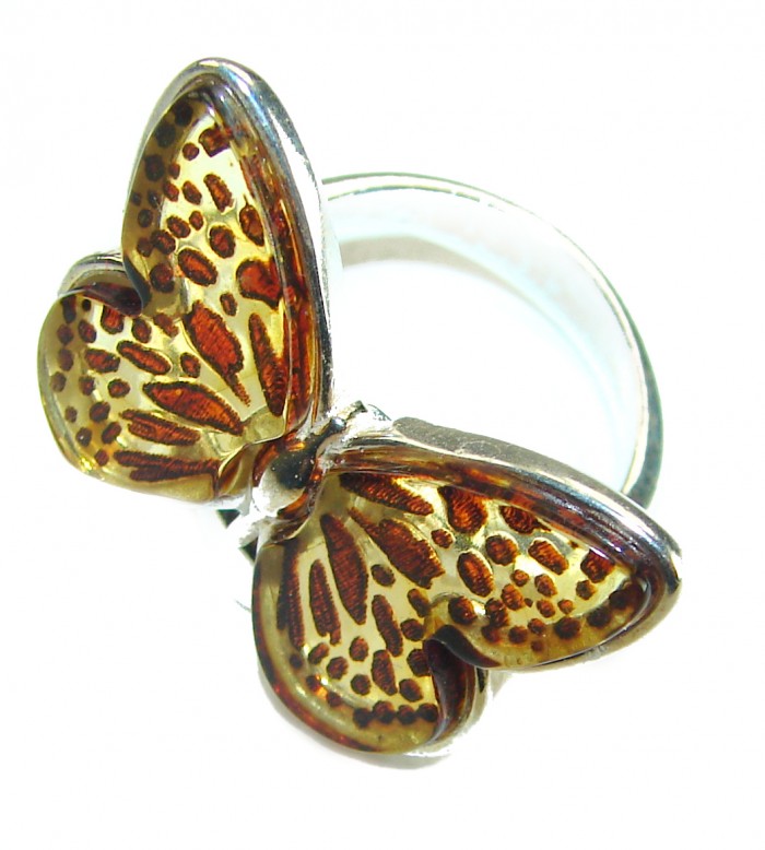 Butterfly Authentic carved Baltic Amber .925 Sterling Silver handcrafted ring; s. 8 adjustable - Butterfly Baltic amber sterling silver ring, top view detail.