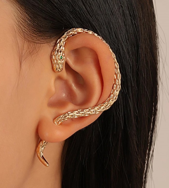 Large Snakes Ruby Marcasite .925 Sterling Silver wrap Earrings - Snake-shaped ear cuff worn on ear; front and side view.