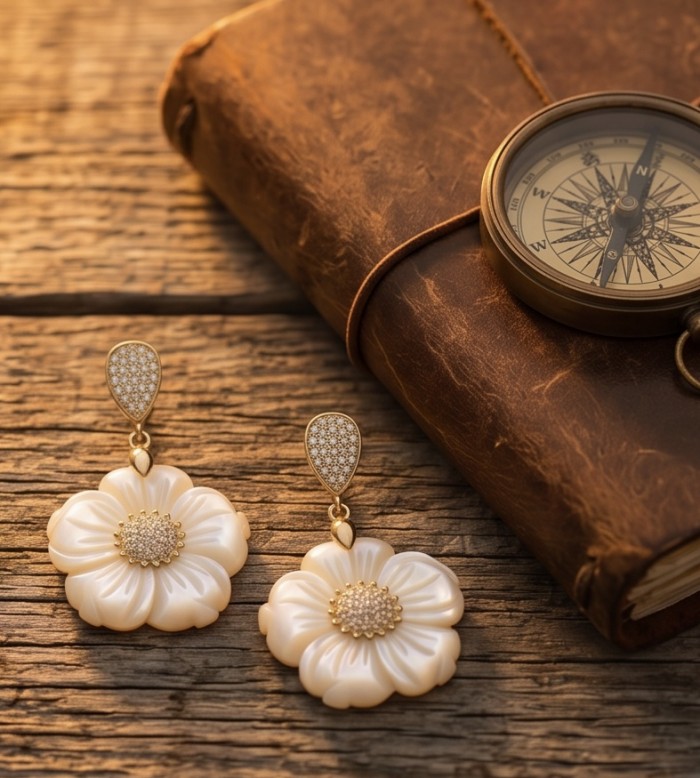 BLOOMING FLOWERS Genuine Blister Pearl 0.2 CARAT lab grown Diamond 18K Gold over .925 Sterling Silver handcrafted Statement Earrings - Elegant blister pearl flower earrings with compass and journal background