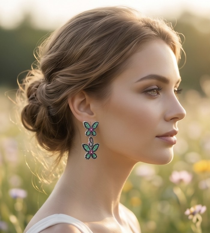RARE BEAUTY! Valentina 27.2 carat CARVED Emerald Sapphire .925 Sterling Silver dipped in rhodium Statement handcrafted earrings - Side view of model wearing butterfly-shaped emerald sapphire earrings