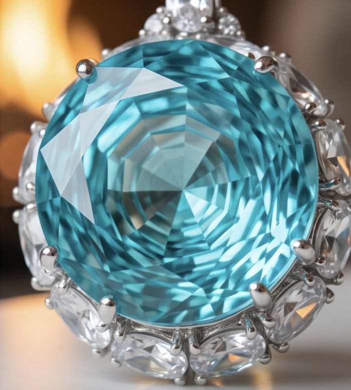 Rose of the Sea 18.8 carat fancy cut Paraiba Tourmaline Moissanite .925 Sterling Silver Handcrafted Statement necklace - Close-up of Rose of the Sea Paraiba Tourmaline necklace stone.