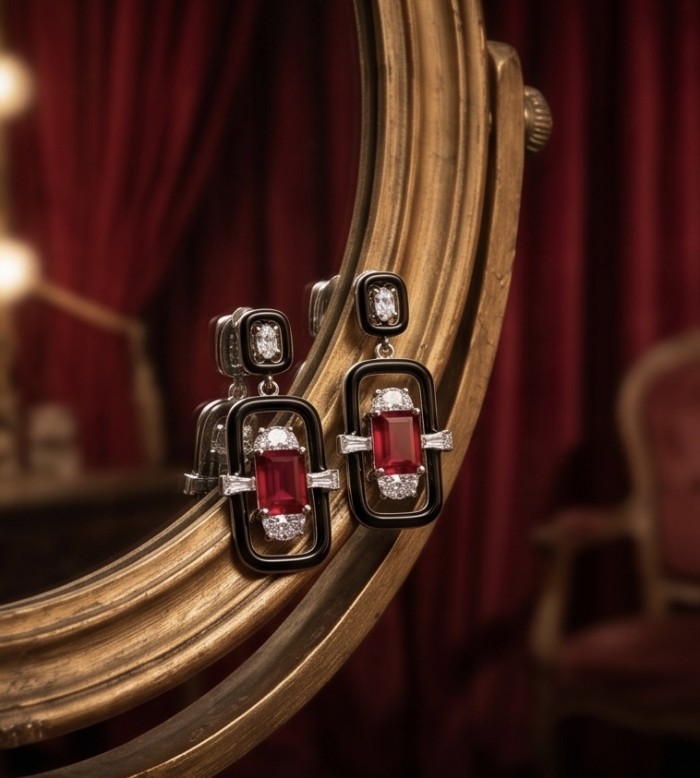 Art Deco - 4.5 carat Ruby enamel .925 Sterling Silver handcrafted incredible earrings - Art Deco ruby earrings on mirror, front view, sterling silver setting.