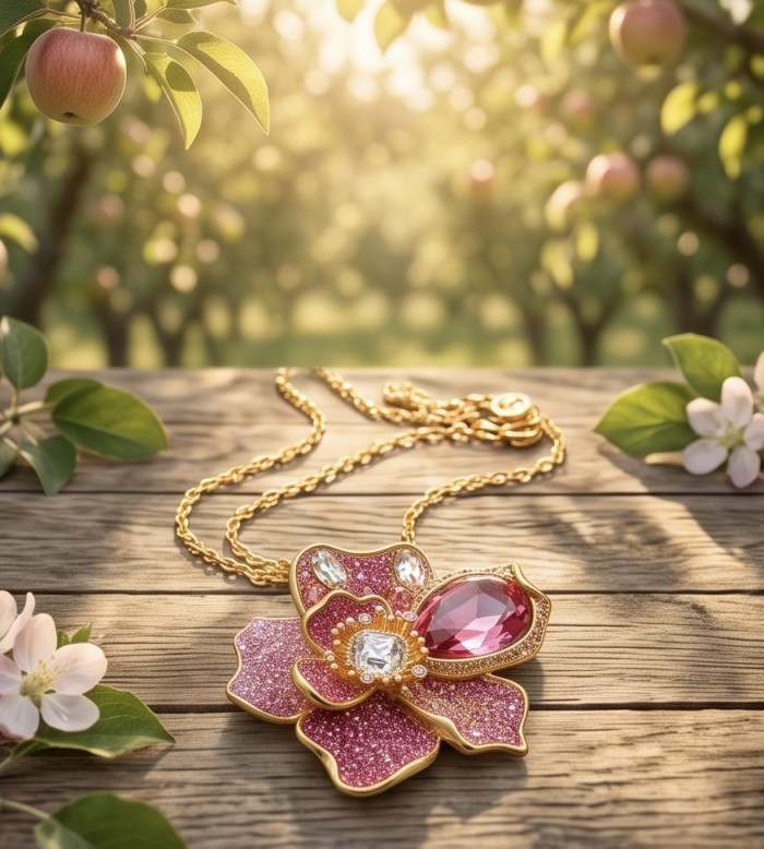 Cherry Blossom 38.5 carat Pink Topaz 14K Gold over .925 Silver handcrafted Statement necklace - Cherry Blossom 38.5 ct Pink Topaz necklace on wood, nature background.