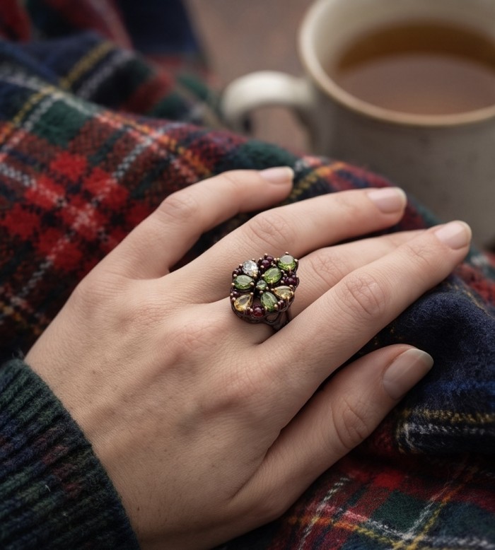 Fiesta Authentic 14.5 carat Multigem .925 Sterling Silver dipped in black rhodium brilliantly handcrafted Ring size 6 - Fiesta ring worn on hand with colorful gemstones, cozy setting.