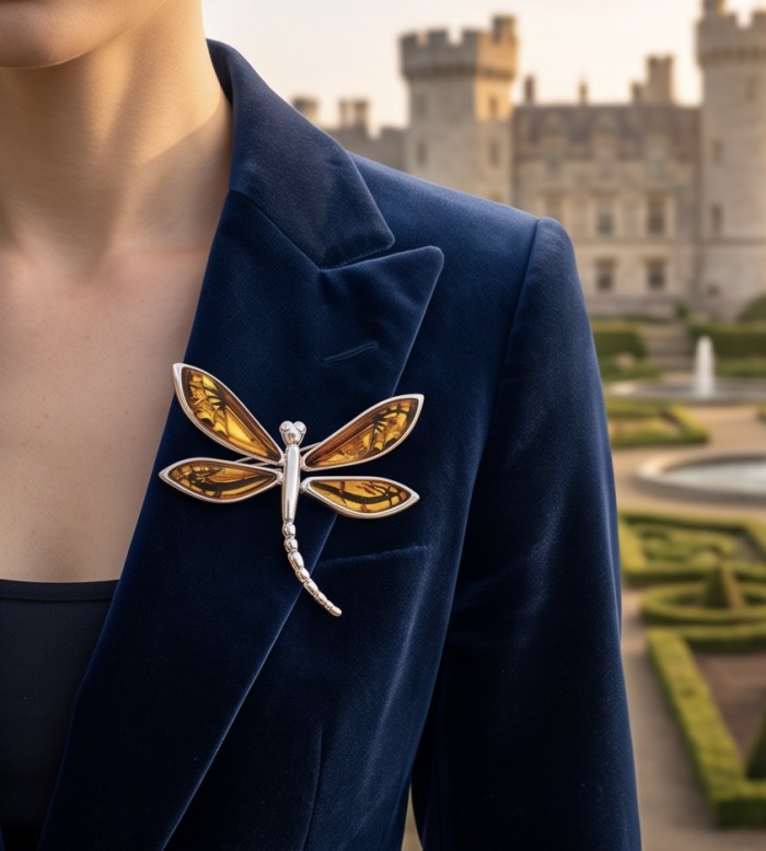 Dragonfly Natural CARVED Baltic Amber .925 Sterling Silver handmade Pendant - Dragonfly amber brooch on navy jacket, castle background.
