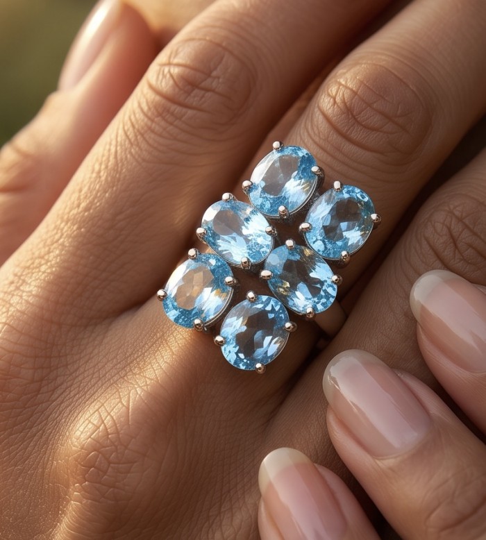 Serenity 18.7 carat genuine Swiss Blue Topaz .925 Sterling Silver handmade Statement ring size 8 1/4 - Swiss Blue Topaz ring on hand close-up, 18.7 carats in sterling silver.