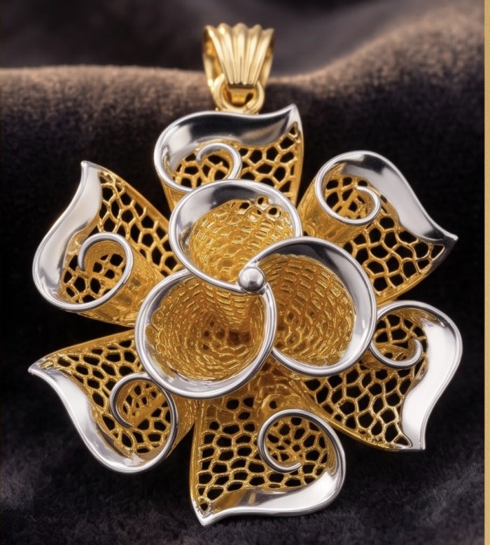 Dubai Style - Blooming Golden Rose .925 Sterling Silver dipped in 22K Gold handmade Pendant - Close-up of Dubai Style Blooming Golden Rose pendant design.