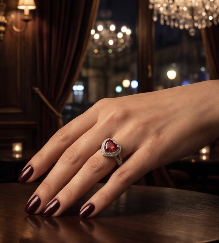 Angel's Heart Natural heart shape 9.7 carat Ruby .925 Sterling Silver dipped in rhodium handmade Statement Ring size 9 - Worn on hand: Angel's Heart 9.7 carat Ruby ring in elegant setting.