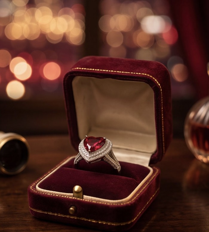 Angel's Heart Natural heart shape 9.7 carat Ruby .925 Sterling Silver dipped in rhodium handmade Statement Ring size 9 - Heart-shaped ruby ring in velvet box with bokeh background.