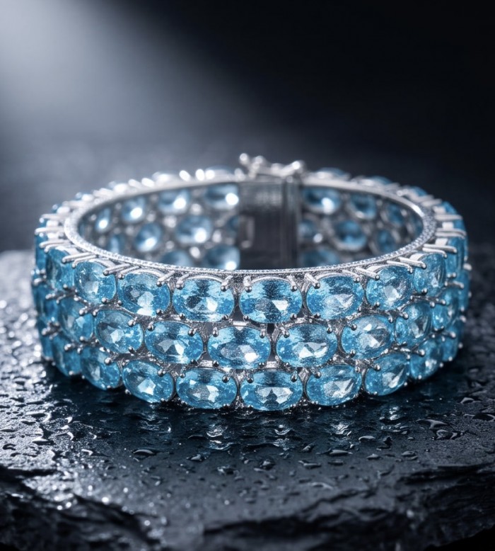 Serenity - Spectacular authentic 155.7 carat Swiss Blue Topaz .925 Sterling Silver handmade bangle Bracelet - Swiss Blue Topaz bracelet side view on dark, wet surface