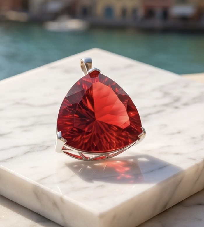 Very Rare! Trillion Cut Perfect 44.5 carat Volcanic Helenite .925 Sterling Silver handcrafted Pendant - Trillion cut 44.5 carat Volcanic Helen gemstone close-up on marble display.