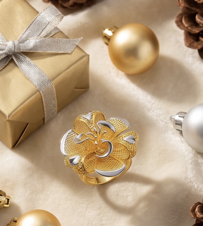GOLDEN ROSE - Dubai Style - .925 Sterling Silver dipped in 22K Gold handmade Large ring size 8 - Top view of a gold rose ring with holiday ornaments and gift box.