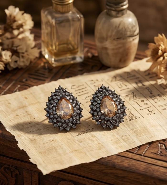Renaissance 5.5 carat Morganite black rhodium over .925 Sterling Silver handcrafted earrings - Morganite earrings on vintage paper, front view, elegant setting.