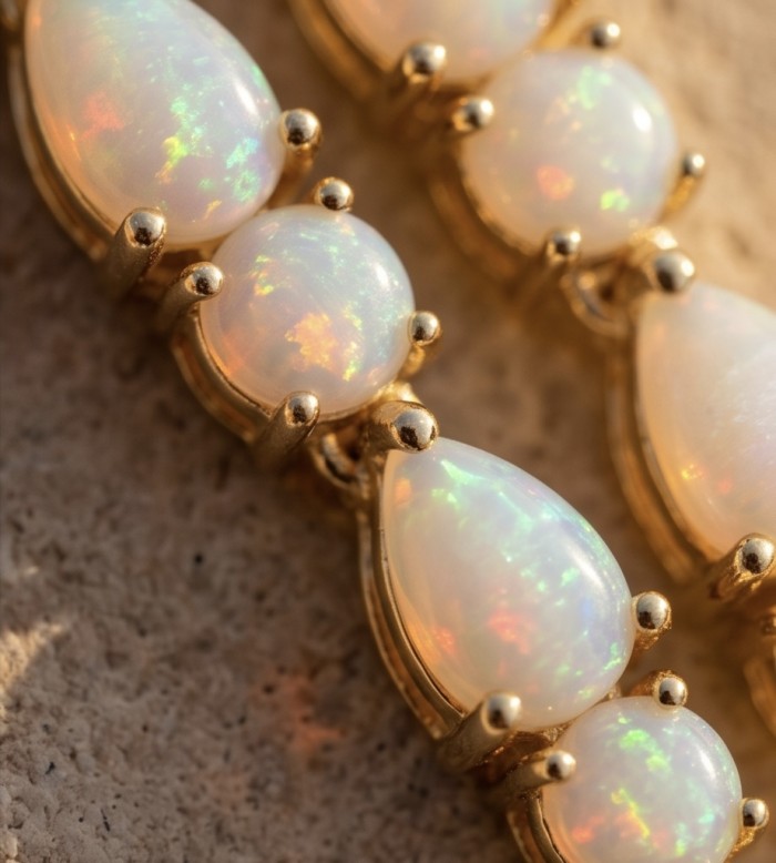 Valentina 2.9 carat Natural Australian Opal .925 Sterling Silver dipped in 22K Gold handcrafted earrings - Close-up of Valentina opal jewelry with gold prong setting.