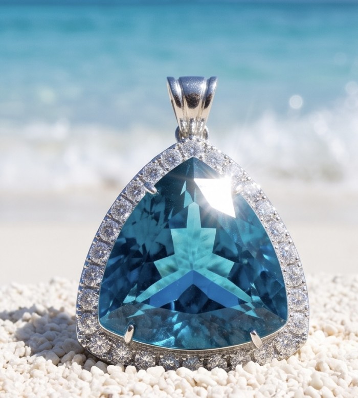 Rare finding! Deluxe 77.2 carat authentic Aquamarine .925 Sterling Silver handmade Statement Pendant - Close-up of deluxe 77.2 carat aquamarine pendant on beach.