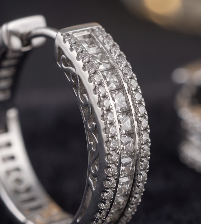 Allure Natural 8.2 carat White Topaz .925 Sterling Silver handcrafted hoop earrings - Close-up of Allure Natural White Topaz sterling silver earring design.