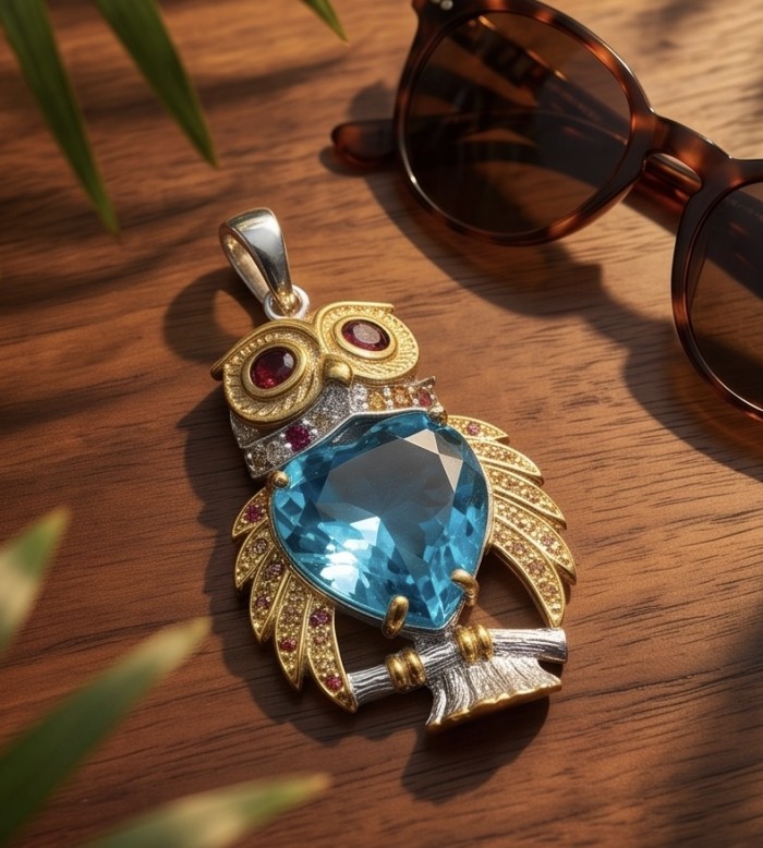 Authentic 17.4 carat Swiss Blue Topaz Owl 18K Gold over .925 Sterling Silver handmade Pendant - Owl pendant with blue topaz and gold detail on wooden surface.