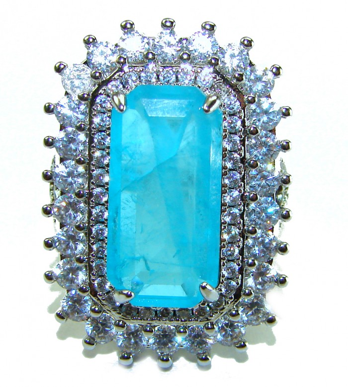 Luxurious baquette Cut 26.5 ctw Paraiba Tourmaline .925 Sterling Silver handcrafted Statement Ring size 8 - Close-up of paraiba tourmaline ring with diamond halo.
