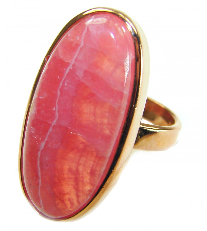 The best quality Argentinian Rhodochrosite 18K Rose Gold over .925 Sterling Silver handmade ring size 8 adjustable - Close-up of Argentinian Rhodochrosite ring in 18K rose gold setting.