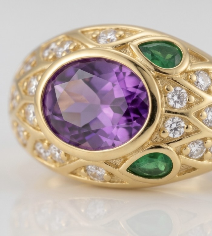Seducer - Cobra 4.8 carat Amethyst 22K Gold over .925 Sterling Silver handcrafted earrings - Close-up of Seducer Cobra ring with amethyst and green stones.