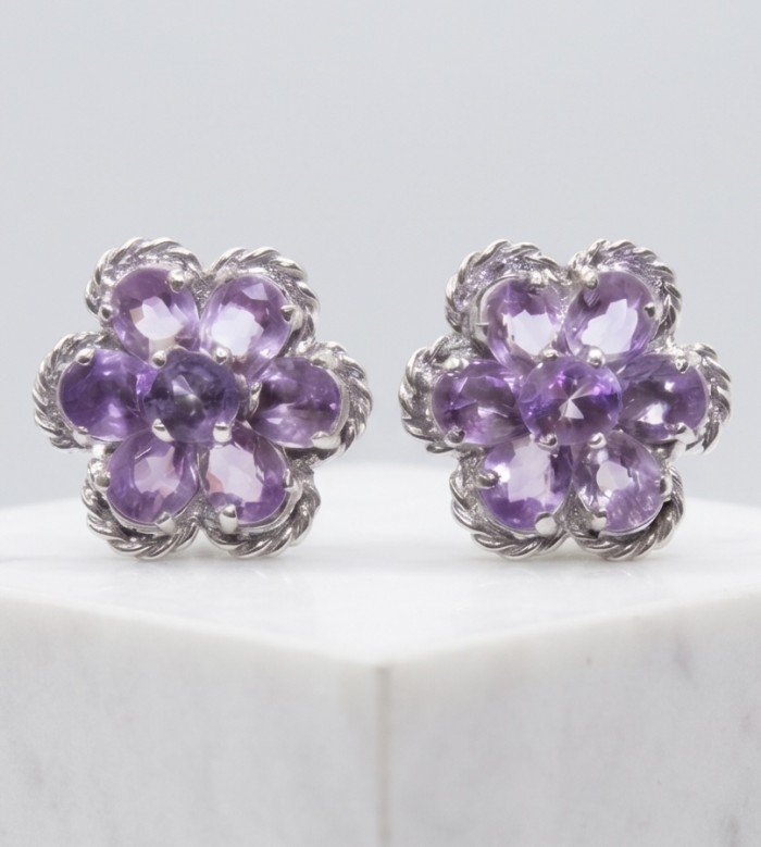 Lavender Beauty authentic 9.2 carat Amethyst .925 Sterling Silver dipped in rhodium handcrafted earrings - Front view of amethyst and sterling silver floral earrings.