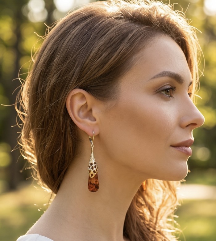 Very Special product - Wonderful natural Baltic Amber 2 tones .925 Sterling Silver entirely handcrafted earrings - Side view of Baltic amber earring worn on ear