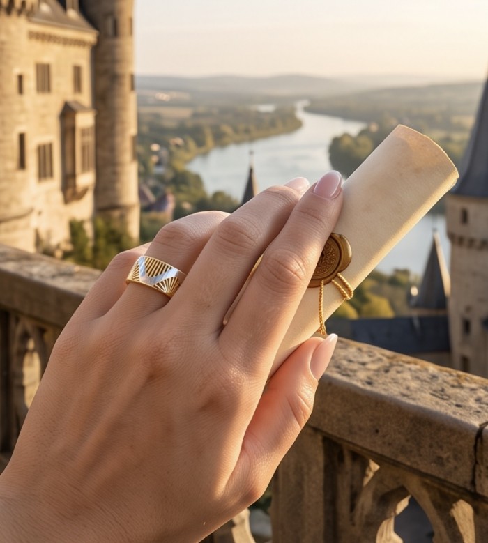Secret code Precious Natural 18K Gold over .925 Sterling Silver Women ring size 11 - Side view on hand; Secret Code ring in 18K gold over sterling silver.