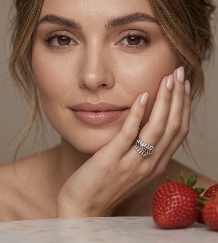 Perfection Round cut 3.2 carat White Topaz rhodium over .925 Silver handcrafted Cocktail Ring s. 7 1/2 - Woman wearing ring with white topaz, strawberries in foreground