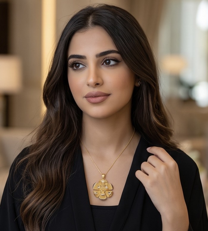 Dubai Style - Blooming Golden Rose .925 Sterling Silver dipped in 22K Gold handmade Pendant - Woman wearing Blooming Golden Rose pendant, front view.