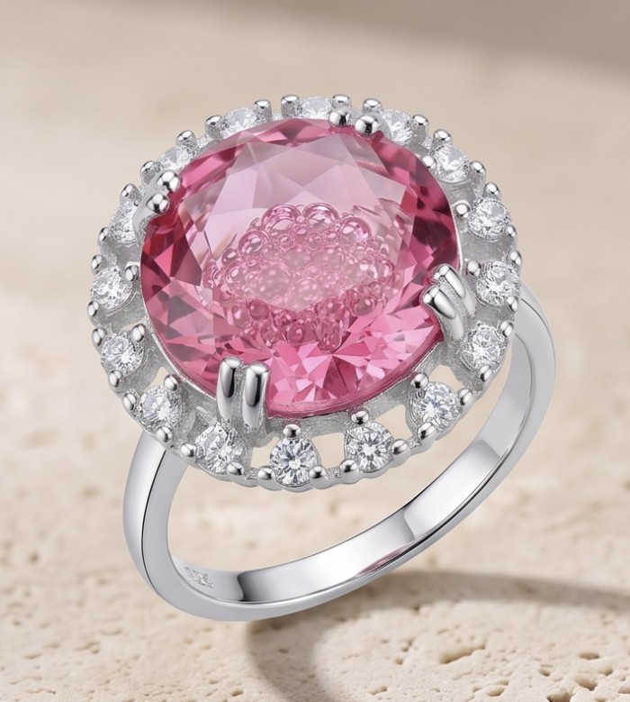 Tiffany - authentic 10.4 carat Pink Sapphire .925 Sterling Silver handcrafted Ring size 6 - Close-up of 10.4 carat Pink Sapphire ring in .925 Sterling Silver.