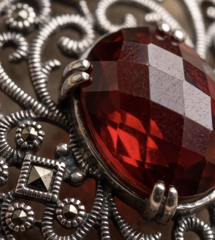 Vintage Style - Precious - Genuine 14.5 carat Ruby Marcasite Rhodium over .925 Sterling Silver handmade Pendant - Close-up of vintage-style 14.5 carat ruby with intricate silver detailing.