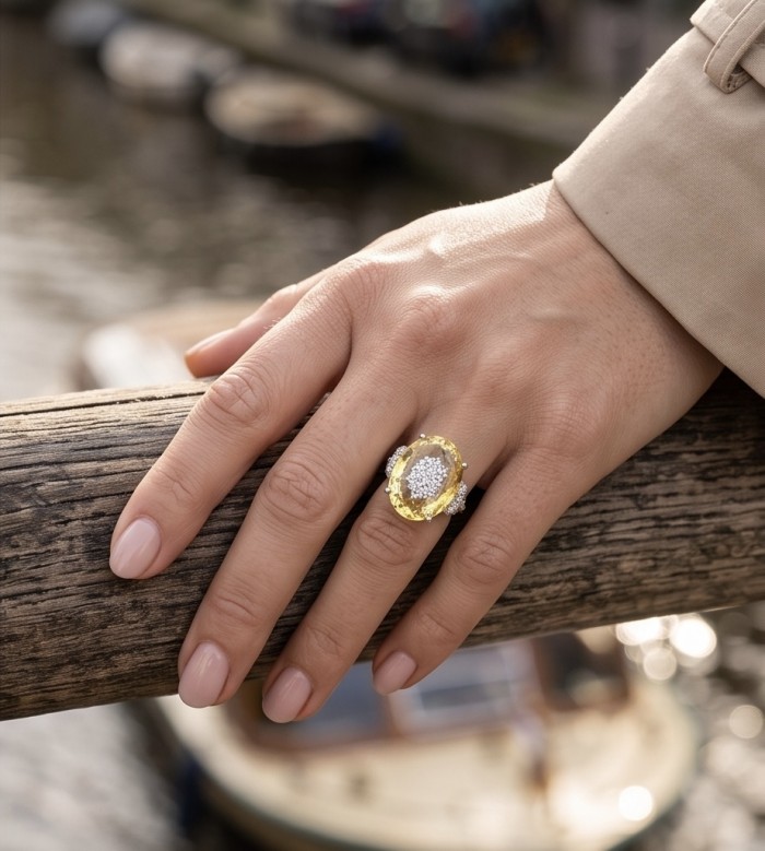Summer Friday 14.8 carat Genuine Lemon Quartz .925 Sterling Silver handcrafted ring size 7 - Lemon Quartz ring worn on hand against a rustic wooden background.