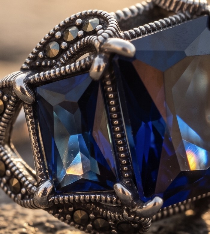 Brutalist design 19.5 carat Sapphire .925 Sterling Silver handmade Statement ring size 7 1/4 - Close-up of 19.5 carat sapphire in Brutalist .925 sterling silver ring.