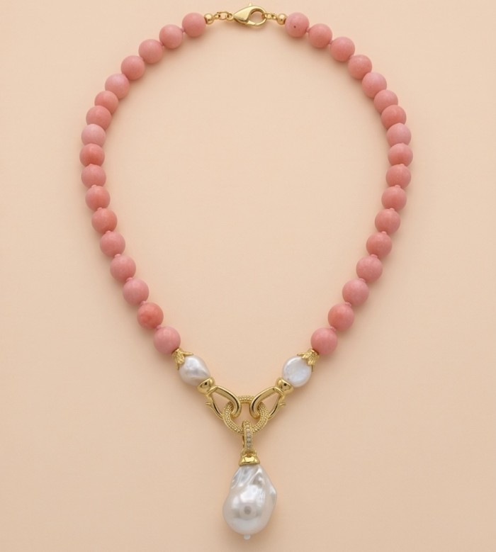Luxurious Argentinian Pink Opal 14K Gold over .925 Sterling Silver handmade Necklace - Pink opal necklace with pearl pendant, front view.
